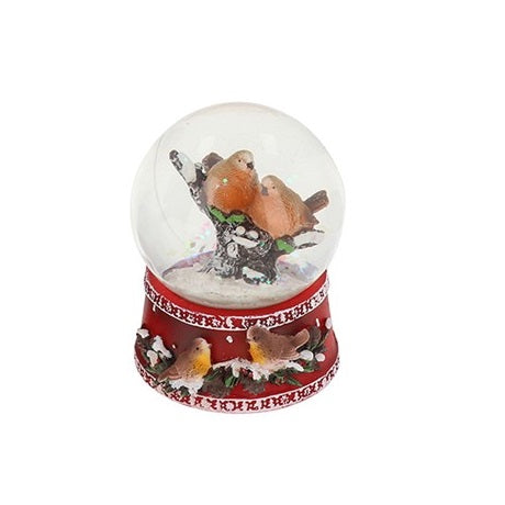 Robins Snow Globe With 2 Robins On A Patterned Base