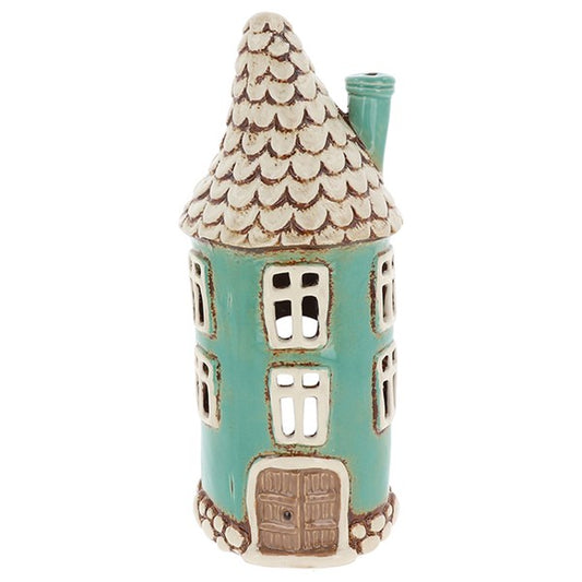 Large Round Teal House Tea Light Holder